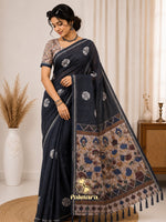 Navy blue cotton Linen saree thumbnail 5