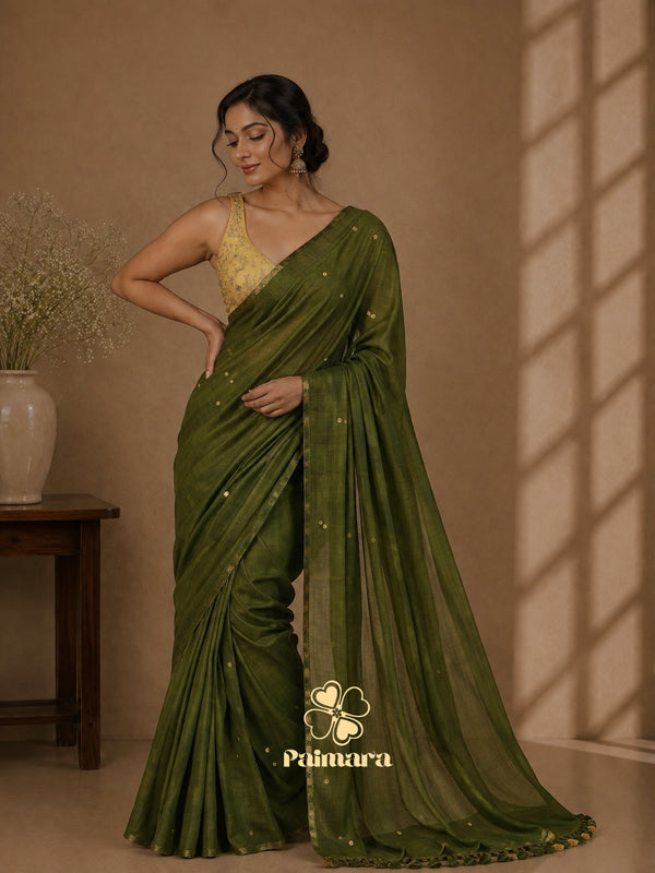 Olive Green gini khadi butti saree with gold buttas