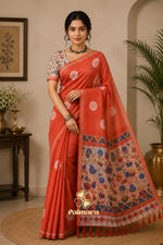 Sinduri Orange cotton Linen saree thumbnail 4