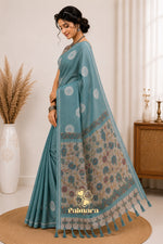 Sky blue cotton Linen saree thumbnail 3