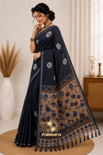 Navy blue cotton Linen saree thumbnail 3