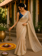 Blue Onam special georgette saree thumbnail 4