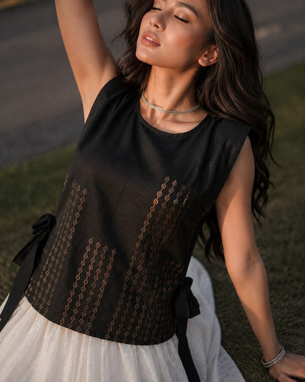 Black Hot Fix Rhinestone Work Sleeveless Top