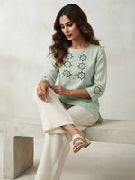 Sage Green Linen-Cotton Embroidered Top thumbnail 3
