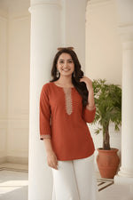 Rust Orange Embroidered Roman Silk Fancy Top thumbnail 2