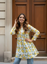 Yellow-White Cotton Fancy Flared Short Kurti & Tunic thumbnail 4