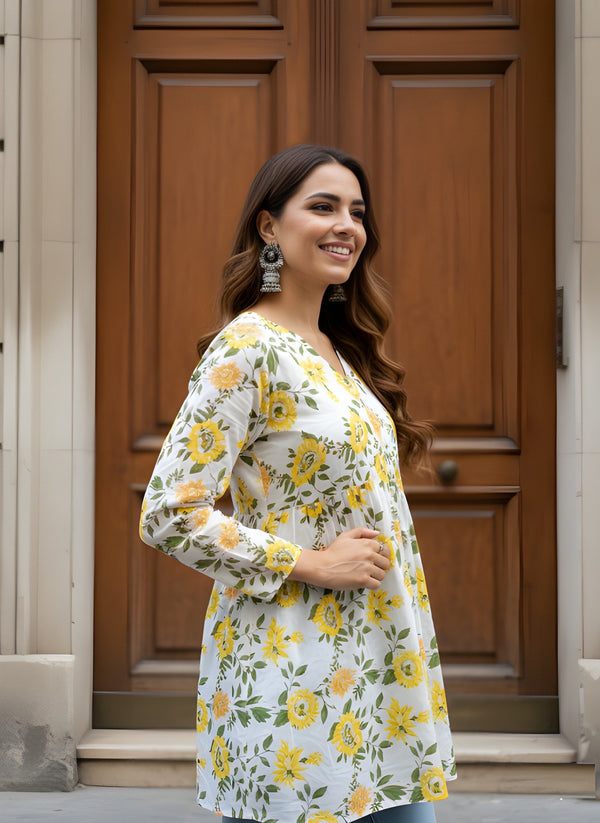 Yellow-White Cotton Fancy Flared Short Kurti & Tunic
