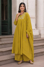 Yellow Cotton Embroidered Kurta Set with Pure Cotton Dupatta thumbnail 3