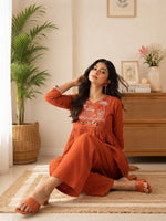Rust Orange Cotton Embroidered Top With Pants thumbnail 2