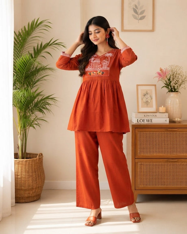 Rust Orange Cotton Embroidered Top With Pants
