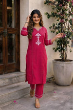 Pink Cotton Embroidered Kurta with Pants thumbnail 7