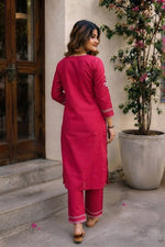Pink Cotton Embroidered Kurta with Pants thumbnail 6
