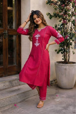 Pink Cotton Embroidered Kurta with Pants thumbnail 3