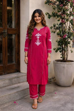 Pink Cotton Embroidered Kurta with Pants thumbnail 2