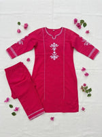 Pink Cotton Embroidered Kurta with Pants thumbnail 8