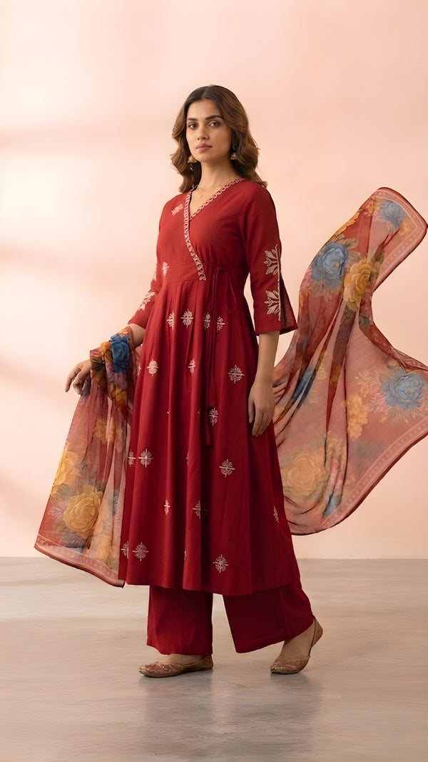 Maroon Angrakha Style Anarkali Kurta with Dupatta Suit