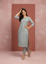 Grey Pure Cotton Leaf Printed Kurthi thumbnail 6