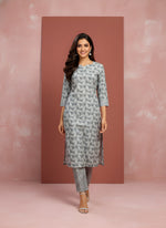 Grey Pure Cotton Leaf Printed Kurthi thumbnail 5