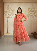 Peach Floral Printed A-Line Kurta with Dupatta thumbnail 6