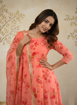 Peach Floral Printed A-Line Kurta with Dupatta thumbnail 5