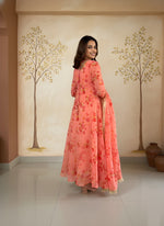 Peach Floral Printed A-Line Kurta with Dupatta thumbnail 1