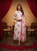 White Floral Printed Anarkali Kurta with Dupatta thumbnail 6