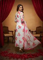 White Floral Printed Anarkali Kurta with Dupatta thumbnail 4