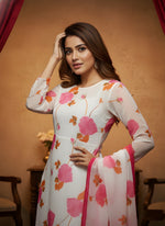 White Floral Printed Anarkali Kurta with Dupatta thumbnail 3