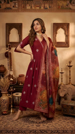 Maroon Woman Angrakha Style Anarkali Kurta set thumbnail 4