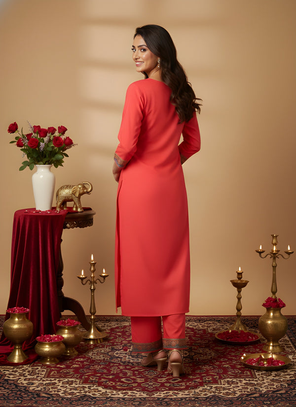 Woman Cotton Pink Kurti-Pant Set