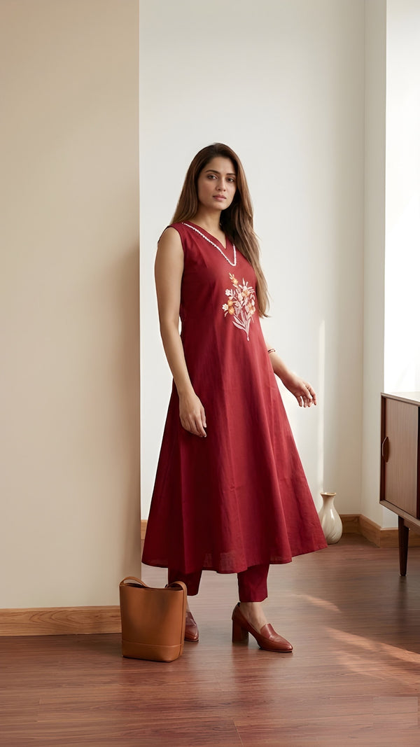 Red Soft Cotton Solid Kurta Palazzo Set