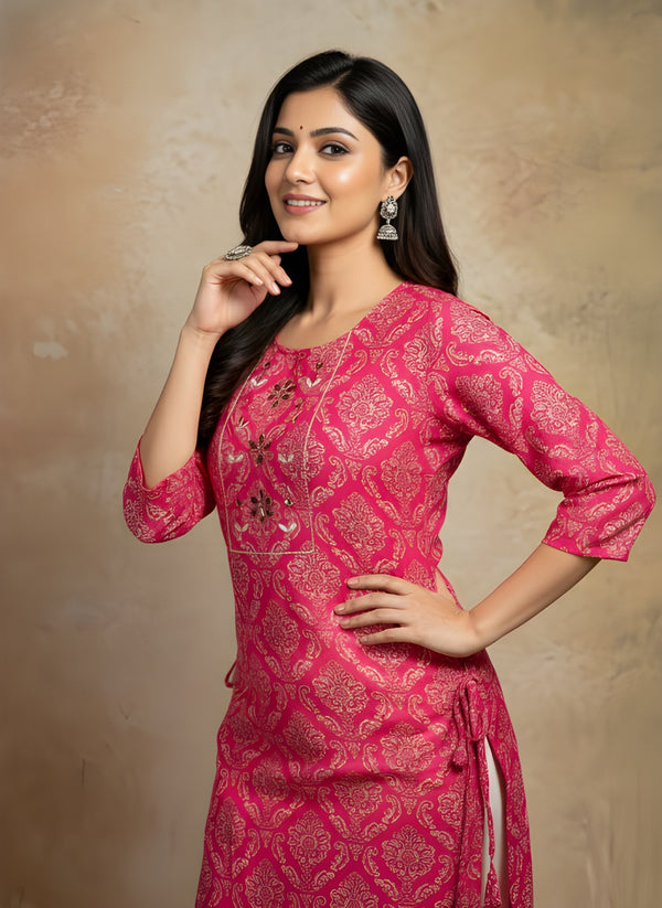 Rani Pink Printed Straight Kurti