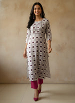 White Print & Hand Work Straight Kurti Top thumbnail 5