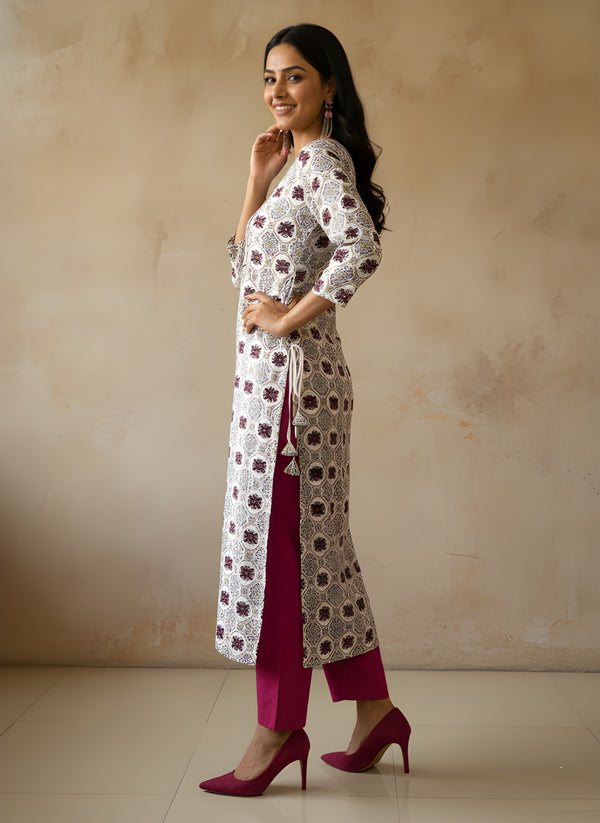 White Print & Hand Work Straight Kurti Top