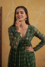 Green Foil Printed Flared Kurta Pant Set thumbnail 2