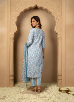 Blue Ethnic Floral Printed Kurti-Pant-Dupatta Set thumbnail 3