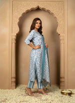 Blue Ethnic Floral Printed Kurti-Pant-Dupatta Set thumbnail 2
