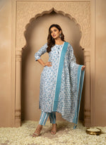 Blue Ethnic Floral Printed Kurti-Pant-Dupatta Set thumbnail 1