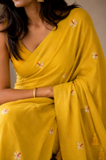 Mustard Yellow khadi cotton saree thumbnail 3