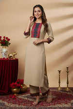 Woman Cotton Cream kurti-pant set thumbnail 7