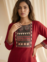 Maroon Printed Neck Kurti with Pant set thumbnail 4
