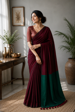 Mehru Wine & Emerald green Khadi Cotton Saree thumbnail 7