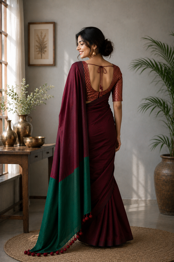 Mehru Wine & Emerald green Khadi Cotton Saree