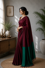 Mehru Wine & Emerald green Khadi Cotton Saree thumbnail 3