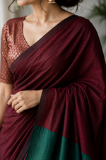 Mehru Wine & Emerald green Khadi Cotton Saree thumbnail 4