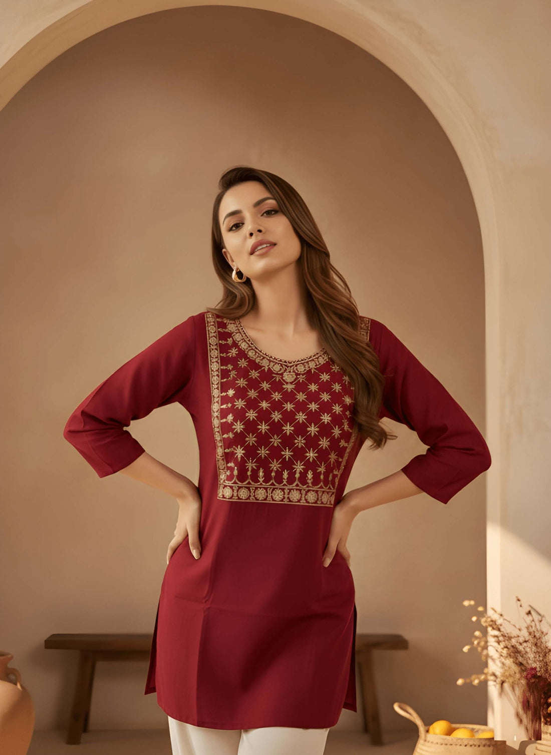 Maroon Embroidery Straight  kurthi Top