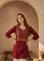 Maroon Embroidery Straight  kurthi Top thumbnail 1