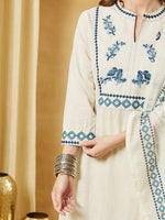 Off White Blue Embroidery Kurta Pant Set thumbnail 3